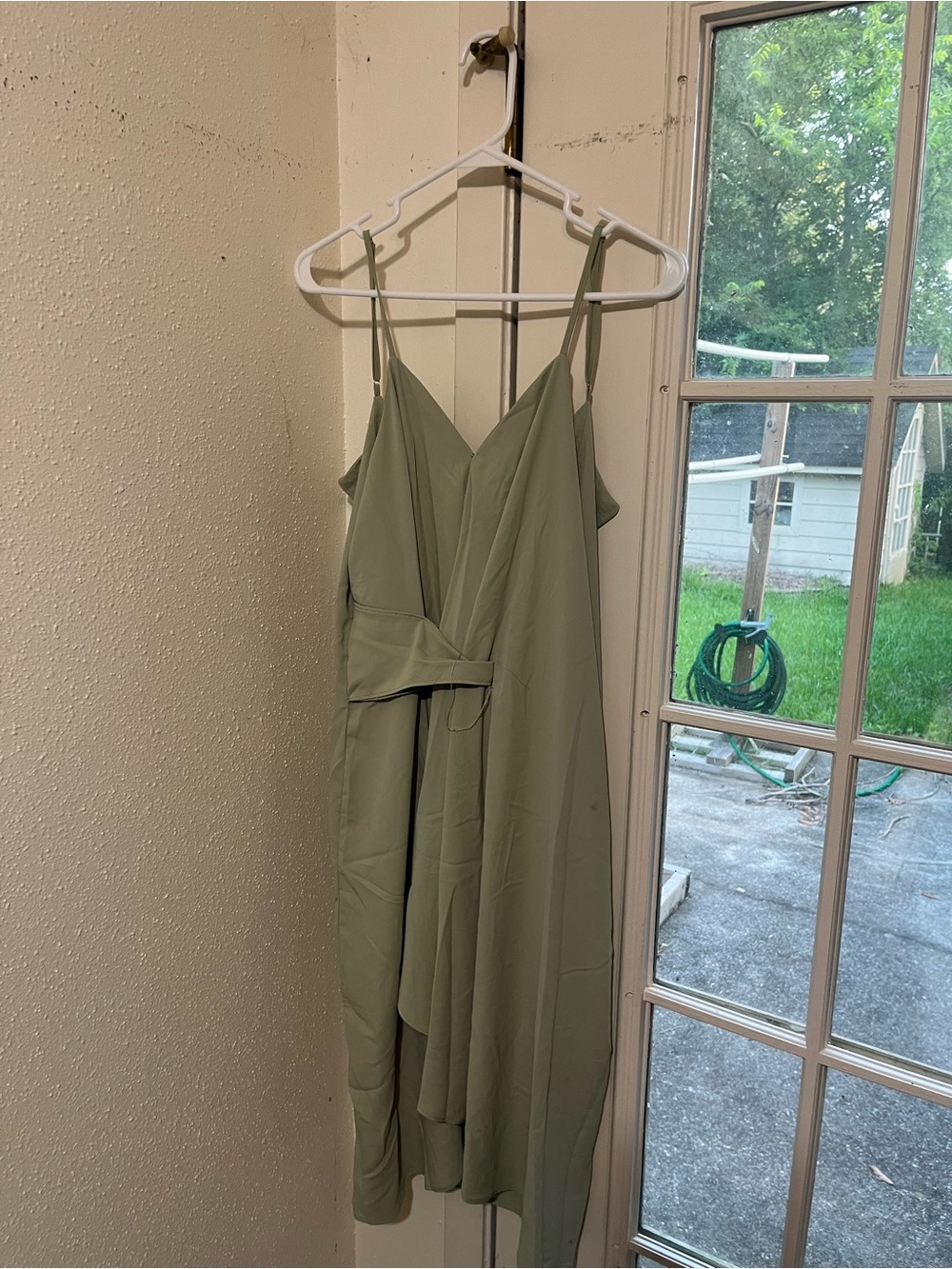 Sage Green Spaghetti Strap Wrap Midi Dress